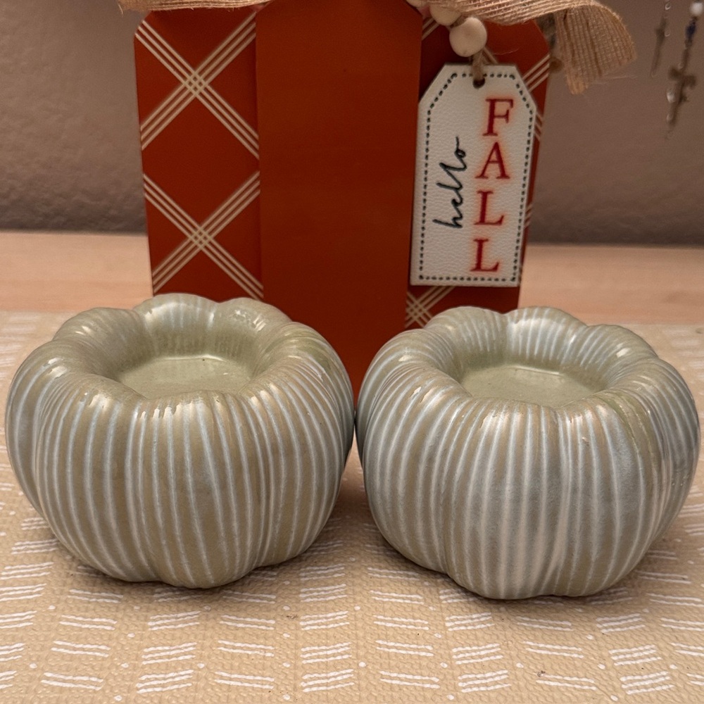 Sage Green Elegant Ceramic Pumpkin Candle Holders Set of 2